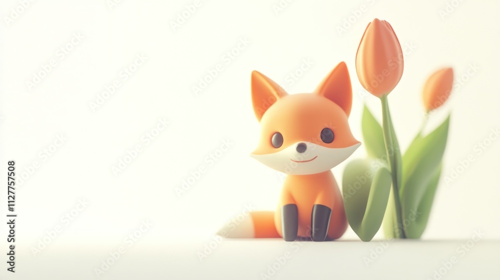 Cute cartoon fox sitting beside spring tulips. Cute cartoon fox sitting beside spring tulips.