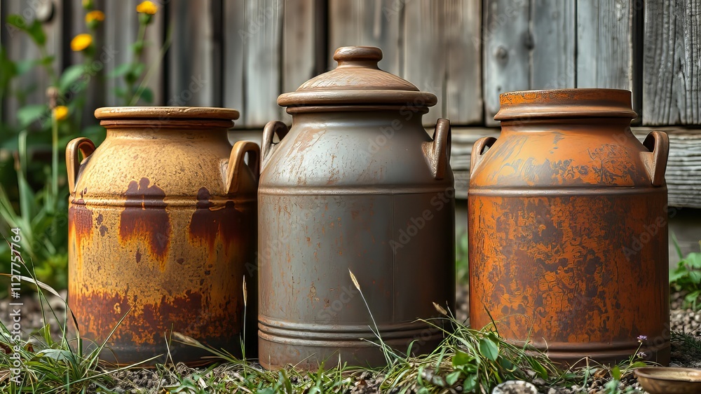 Rustic Milk Cans - Countryside Charm - Warm Patinas - Sharp Colors - AI Photo Rustic Milk Cans - Countryside Charm - Warm Patinas - Sharp Colors - AI Photo