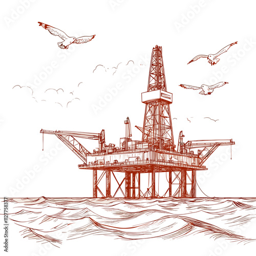 Hand-drawn illustration of an offshore oil rig with soaring seagulls and ocean waves, highlighting energy, engineering, marine wildlife, and environmental themes