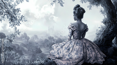 Whimsical rococo maiden in dreamy toile de jouy landscape. Rococo. Illustration