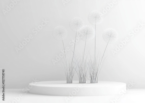 Minimalist white dandelion scene on a pedestal. photo