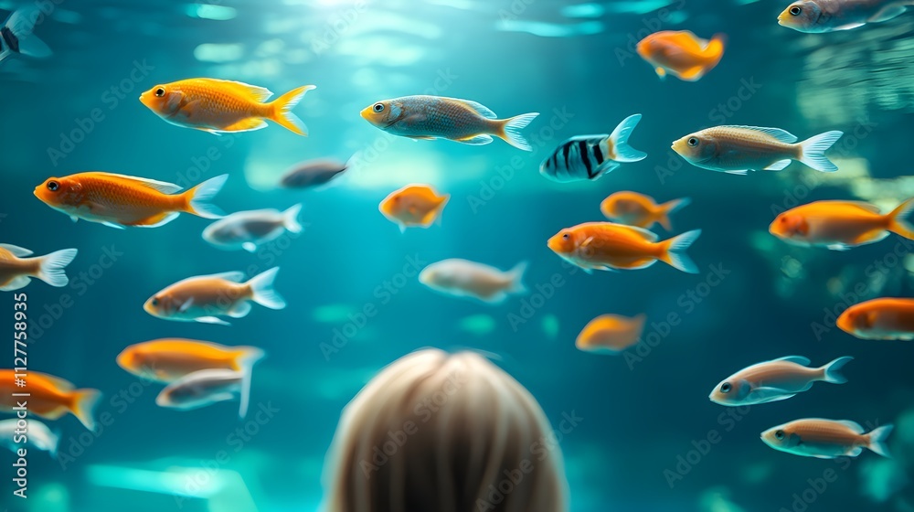 Fototapeta premium Blonde woman observing a mesmerizing school of colorful aquarium cichlids, close-up reflections on glass, warm tones, tranquil ambiance, fine aquatic textures