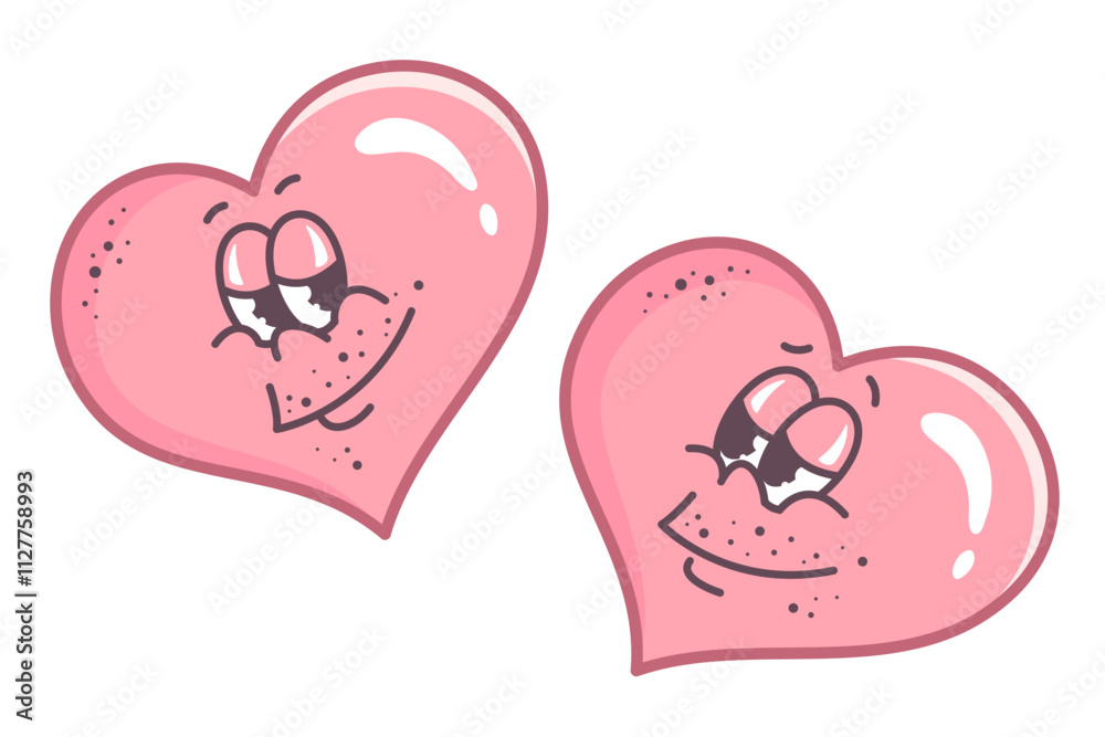 Valentine hearts smile at each other. Flirting couple. Doodle Hand drawn outline Cartoon characters in Retro style. LGBT couple. Valentines elements for party, holiday, decoration,print. Vector Valentine hearts smile at each other. Flirting couple. Doodle Hand drawn outline Cartoon characters in Retro style. LGBT couple. Valentines elements for party, holiday, decoration,print. Vector