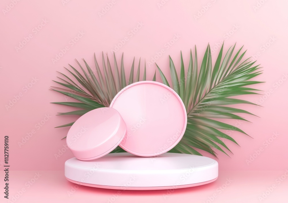 Pink podium with palm leaves and round cosmetic display. Pink podium with palm leaves and round cosmetic display.