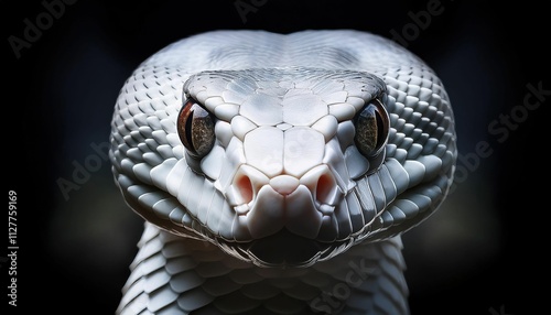 White Snake Close-Up Displaying Intricate Scales and Fierce Expression photo