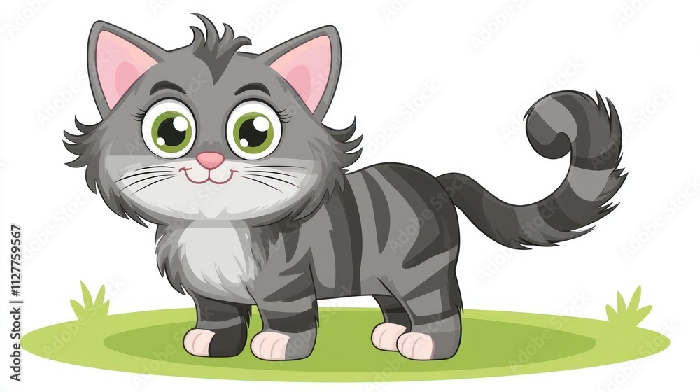 Adorable grey tabby kitten standing on green grass. Adorable grey tabby kitten standing on green grass.