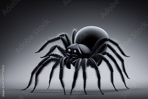 Black spider with yellow eyes on a gray background. Tarantulas on a gray background. Tarantula standing on a black background blurred with black spiders. Tarantula standing lifestyle on a black. photo