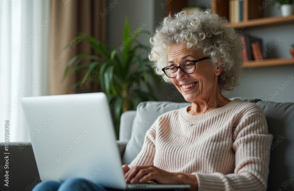 Happy mature woman using laptop on couch in living room. Relaxed senior lady enjoying online activity at home. Modern house interior setting. Tech savvy older person enjoying comfort, digital Happy mature woman using laptop on couch in living room. Relaxed senior lady enjoying online activity at home. Modern house interior setting. Tech savvy older person enjoying comfort, digital