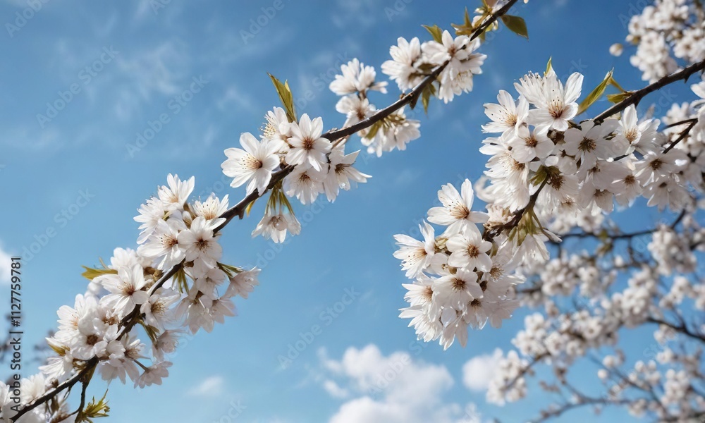 Close-up of white cherry blossom tree branches against bright blue sky, floral, blooming, background, sky Close-up of white cherry blossom tree branches against bright blue sky, floral, blooming, background, sky
