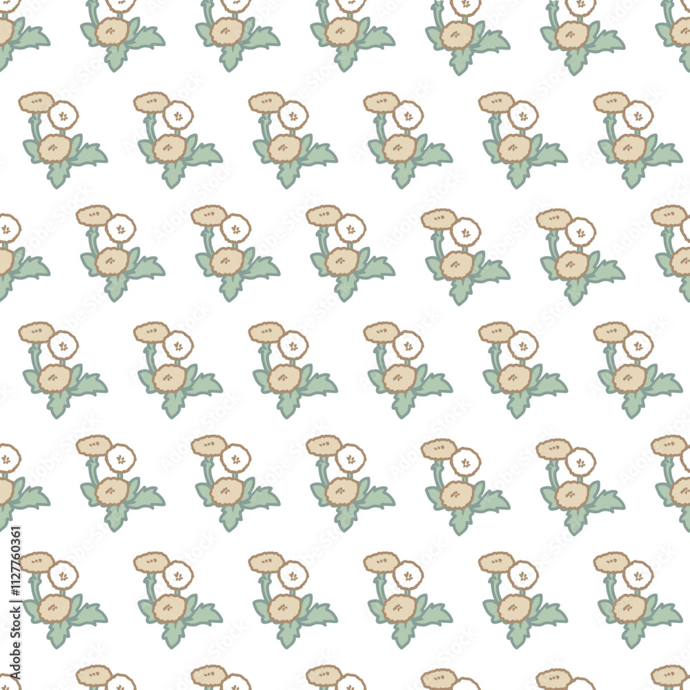 Cute Minimalist Dandelion Flower Cartoon Pattern. Ideal for botanical-themed designs, nature-inspired textiles, and spring decor. Perfect for use in packaging, digital designs, etc