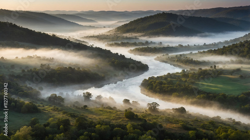 A misty valley with a winding river and soft morning light