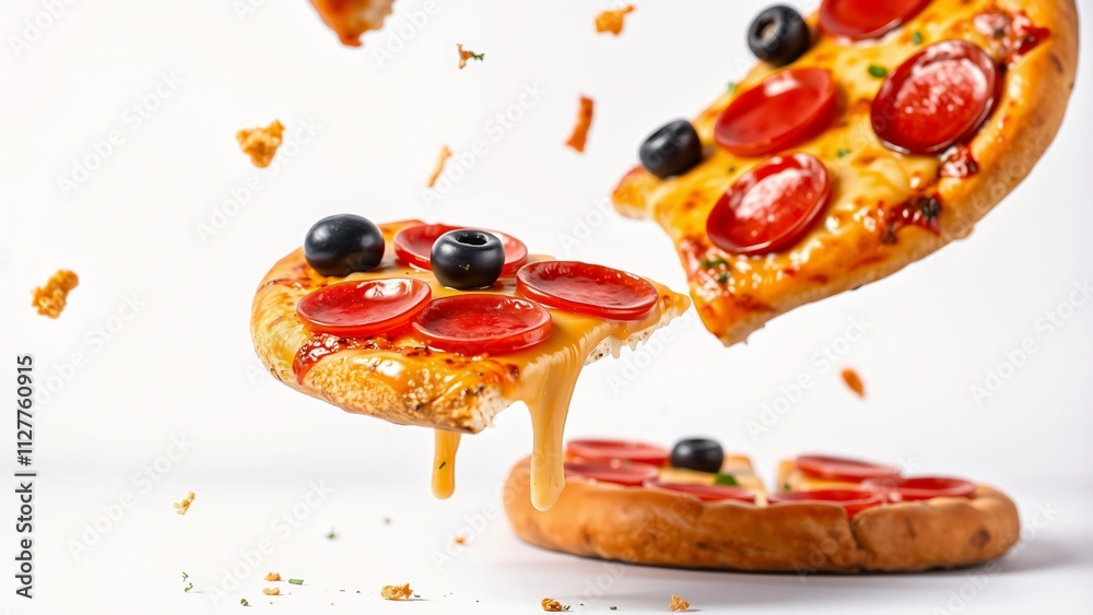 Delicious Pepperoni Pizza Slices with Melting Cheese and Black Olives in Mid-Air Delicious Pepperoni Pizza Slices with Melting Cheese and Black Olives in Mid-Air