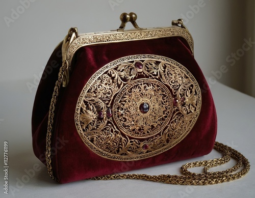 Elegant vintage handbag with intricate gold detailing and plush burgundy fabric. photo