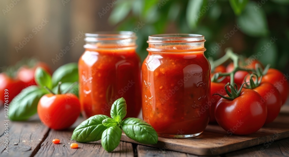 Red tomato sauce in glass jars with fresh tomatoes, basil leaves. Food product display for cooking restaurant marketing. Image shows healthy ingredients. Prepared in kitchen. Perfect for commercial Red tomato sauce in glass jars with fresh tomatoes, basil leaves. Food product display for cooking restaurant marketing. Image shows healthy ingredients. Prepared in kitchen. Perfect for commercial