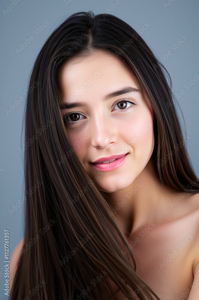 Close-Up Portrait of a Young Woman with Long Dark Hair and Natural Makeup Against a Gray Background
