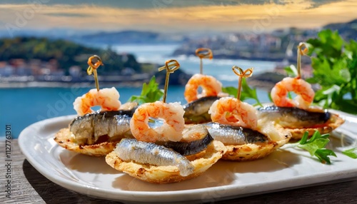 Delicious Spanish Tapas Featuring Anchovies and Shrimp in a Close-Up View at a Charming Restaurant in San SebastiÃ¡n, Showcasing the Culinary Delights of Basque Cuisine. photo