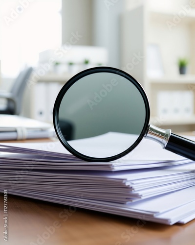 Close-up of a Magnifying Glass on a Stack of Documents in a Modern Office Environment