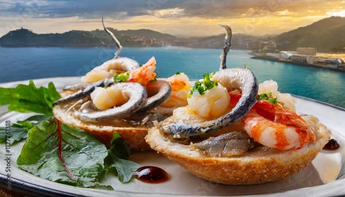 Delicious Close-Up of Spanish Tapas Featuring Anchovies and Shrimp in a Cozy Restaurant Setting in San SebastiÃ¡n, Showcasing the Culinary Delights of Basque Cuisine. photo