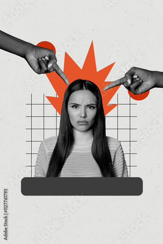 Composite trend artwork sketch image 3D photo collage of young lady depressed face emotion finger point gesture stereotype mockery