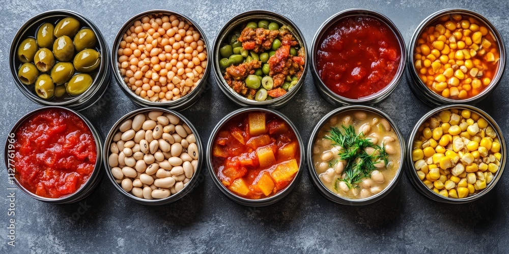 Variety of Canned Foods Including Fish, Beans, and Vegetables Variety of Canned Foods Including Fish, Beans, and Vegetables