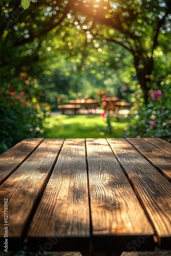 Fototapeta Naklejka Na Ścianę i Meble -  Empty wooden table outdoors in green garden setting. Sunny day in park garden. Blurred picnic scene in background suggests casual summer outing. Nature vibrant, inviting. Suitable for various