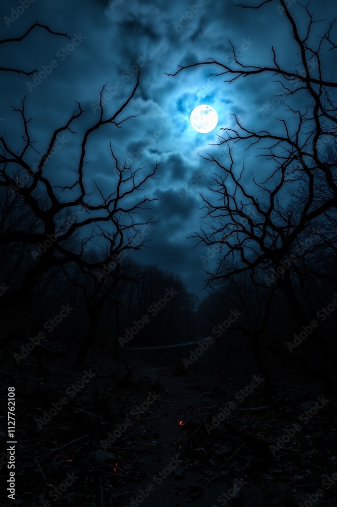 Fototapeta premium Mysterious Moonlit Forest at Night with Gnarled Trees and Dramatic Cloud Cover