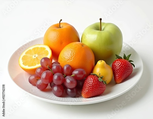 A bowl of fresh fruit, including red grapes, strawberries, a green apple, and two oranges, one of which is sliced in half. The fruits are arranged on a white plate against a white background.