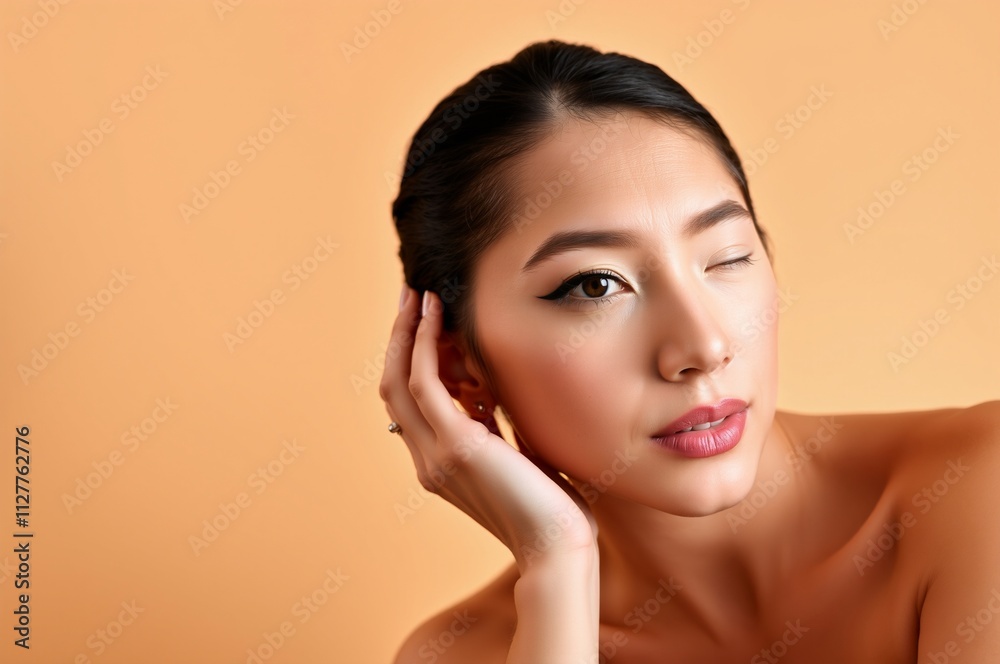 Elegant Young Woman Winking Against a Soft Orange Background Elegant Young Woman Winking Against a Soft Orange Background