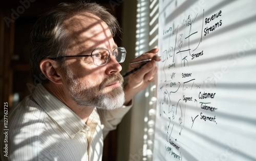 Visionary strategy: business planning through businessman sketching detailed models, strategies for success, focusing on financial technology and marketing flows in a contemporary office environment.