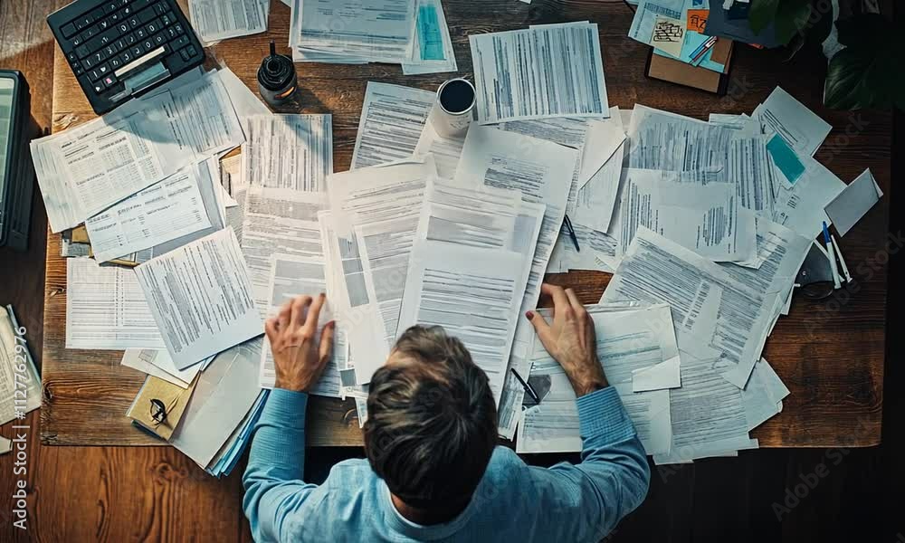 Overhead view of a person working with scattered papers.