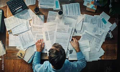 Overhead view of a person working with scattered papers.