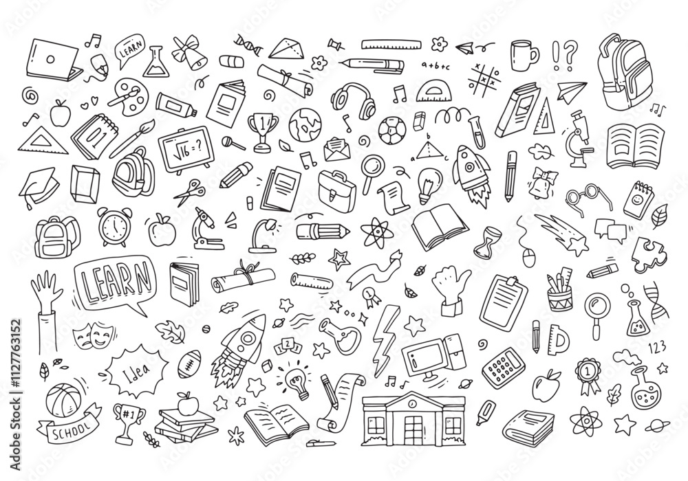 Back to school doodle elements. Vector illustration in line