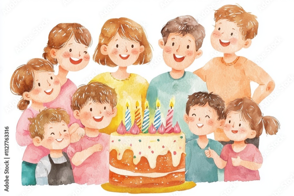 A joyful group of children and adults celebrating a birthday with a colorful cake and candles, capturing happiness and togetherness. A joyful group of children and adults celebrating a birthday with a colorful cake and candles, capturing happiness and togetherness.