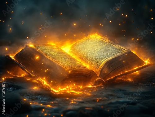 Ancient Book Burning With Fiery Embers and Sparks photo