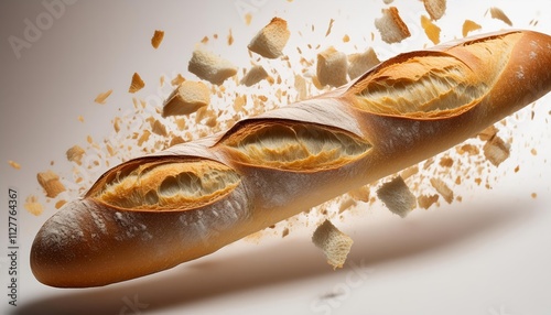 Delicious Baguette Bread with Falling Crumbs Isolated on a Transparent or White Background, Perfect for Culinary Illustrations, Food Blogs, and Bakery Promotions photo