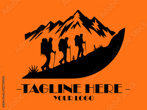 Black silhouettes show hikers exploring a mountain landscape with a structure. Suitable for travel brochures, adventure websites, or outdoorthemed designs