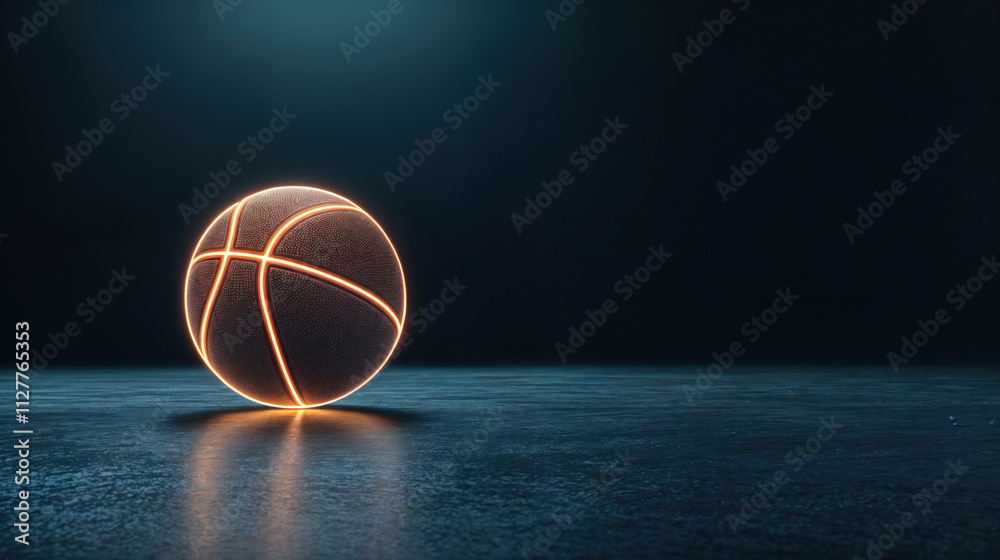 A glowing basketball rests on a dark surface, illuminated by soft light, highlighting its textured surface and unique design. A glowing basketball rests on a dark surface, illuminated by soft light, highlighting its textured surface and unique design.