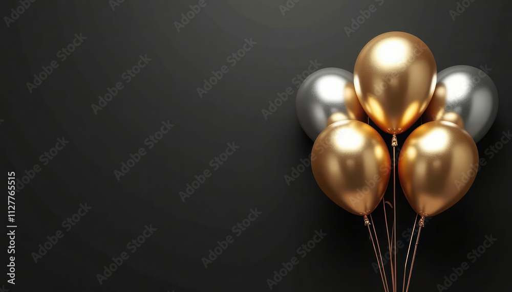 Elegant gold and silver balloons on a black background. Party decoration. Celebration. Suitable for birthday or any special occasion. Shiny balloons. Ideal for invitations or announcements. Elegant gold and silver balloons on a black background. Party decoration. Celebration. Suitable for birthday or any special occasion. Shiny balloons. Ideal for invitations or announcements.
