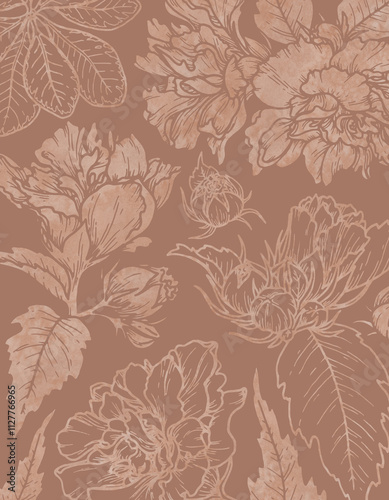 Floral background in the 2025 color of the year Mocha Mousse. Hand drawn outline and silhouette flowers with warm brown tone. Perfect for creating trendy graphic resource and stylish designs.