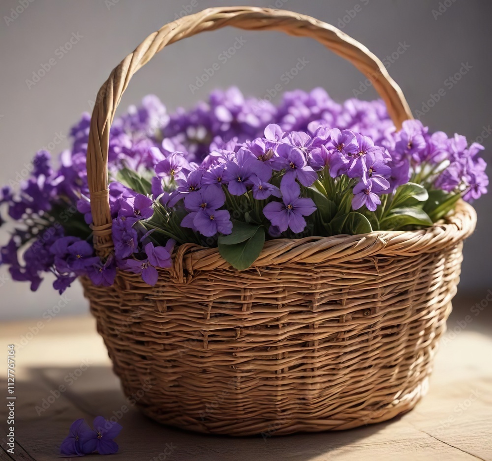 Close-up of wicker basket with vibrant violets in soft natural light, spring, botanical, flowers, rustic Close-up of wicker basket with vibrant violets in soft natural light, spring, botanical, flowers, rustic