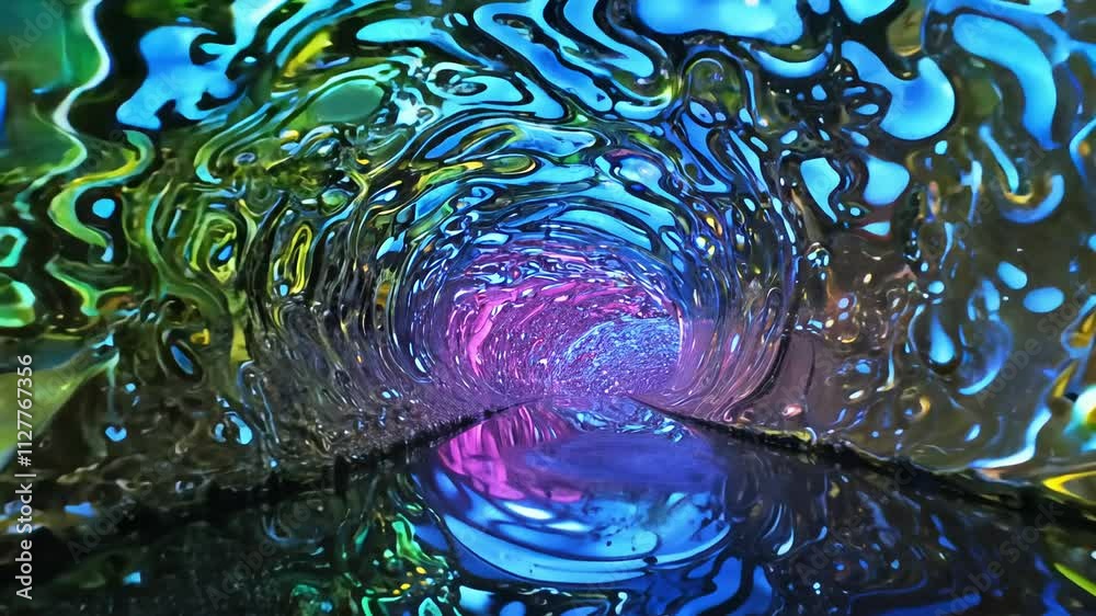 Psychedelic mercury tunnel video with slow zoom, vibrant gel lighting, and metallic surface reflections