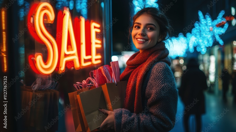 A happy female shopper with glowing Sale sign in store during holiday shopping season. A happy female shopper with glowing Sale sign in store during holiday shopping season.