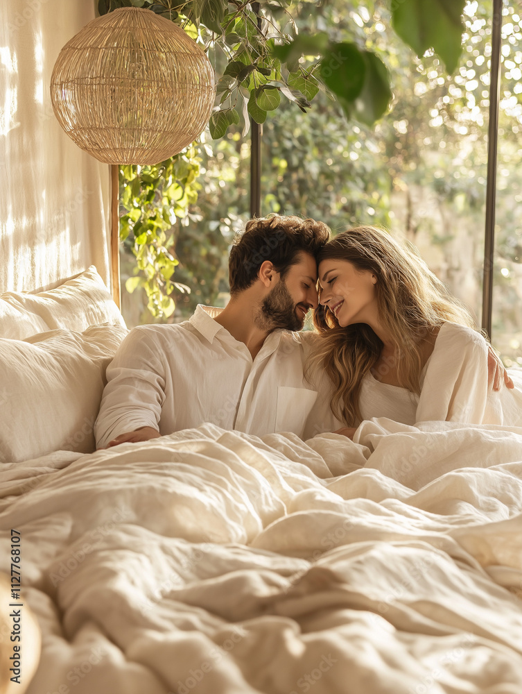 Contemporary eco-friendly setting, couple in bed with organic cotton sheets, natural light and greenery in the background, a soft and sustainable aesthetic Contemporary eco-friendly setting, couple in bed with organic cotton sheets, natural light and greenery in the background, a soft and sustainable aesthetic