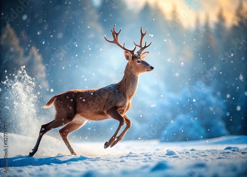 Graceful Prancing Deer in Winter Snow Captured in Bokeh Effect, Showcasing Nature's Beauty and Serenity in a Snowy Landscape, Perfect for Wildlife and Seasonal Themes photo