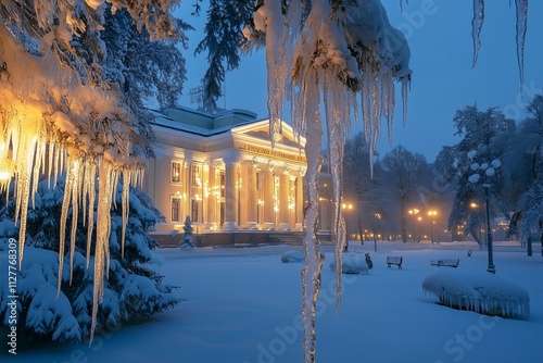 The Bolshoi Theatre covered in a gentle dusting of snow, with glowing decorations and carriages passing by in the frosty air