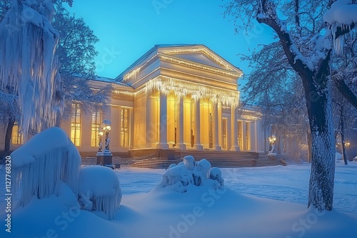 The Bolshoi Theatre covered in a gentle dusting of snow, with glowing decorations and carriages passing by in the frosty air