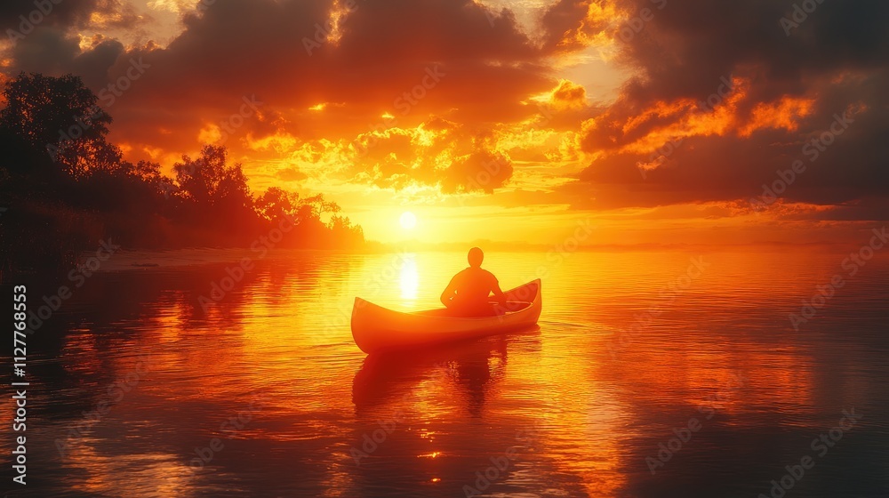 A serene sunset view with a person in a canoe on calm waters. A serene sunset view with a person in a canoe on calm waters.