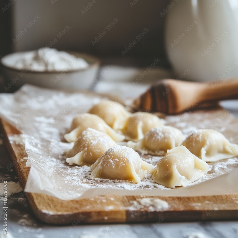 Uncooked dumplings arranged on a parchment-lined wooden board Uncooked dumplings arranged on a parchment-lined wooden board