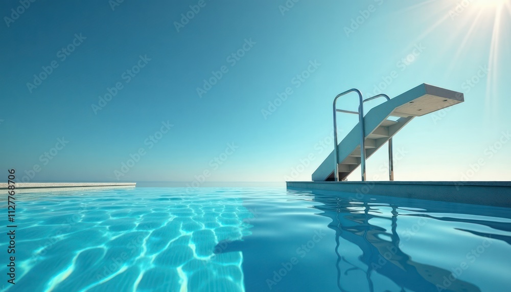 Obraz premium Outdoor swimming pool with diving board. Crystal clear water reflects a vibrant blue sky. Sunny day. Relaxing oasis. Fresh design style. Perfect for vacation or resort. Luxurious feeling.