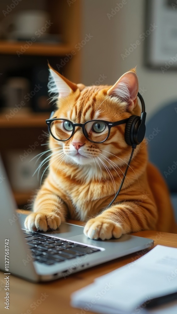 ginger cat wearing headphones glasses, sitting in front of laptop with paws on keyboard, some papers next to laptop. remote work, office humor, working from home, online meeting, home office concept ginger cat wearing headphones glasses, sitting in front of laptop with paws on keyboard, some papers next to laptop. remote work, office humor, working from home, online meeting, home office concept